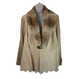 Nygard Collection Tan Suede Leather Rabbit Fur Jacket Coatigan SZ 2X